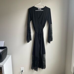 Reverse Black V-Neck Wrap Max Dress with Flowy Sheer Floral Sleeves, Size Small